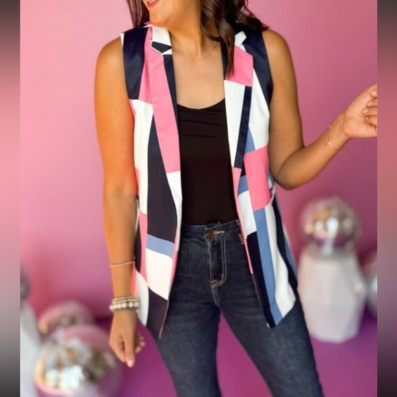 Coral Multi Abstract Printed Colorblock Blazer Vest - Picture 1 of 4